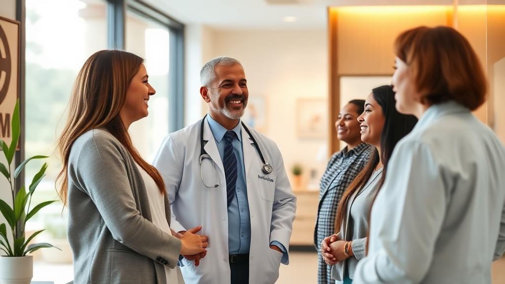 Doctor greeting patients in a modern clinic